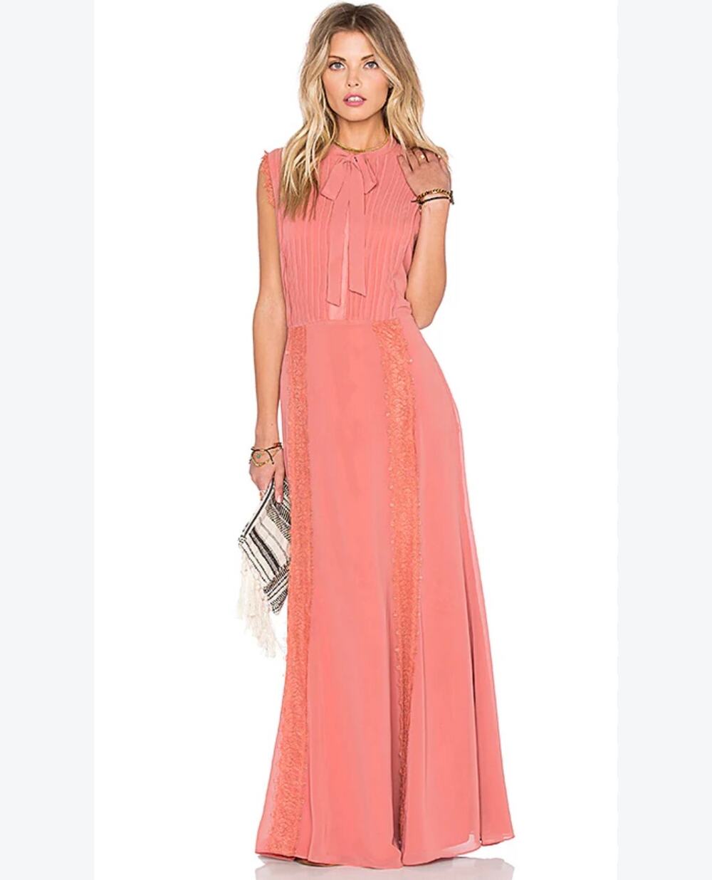 NWT Tularosa Ray Maxi Dress XS Peach Coral Lace Pleated Tie Neck Revolve